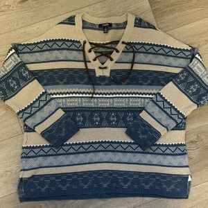 3/$18 Classic Chaps Cottagecore Costal Grandpa Tan/Blue Knit Sweater Sz.L NWOT